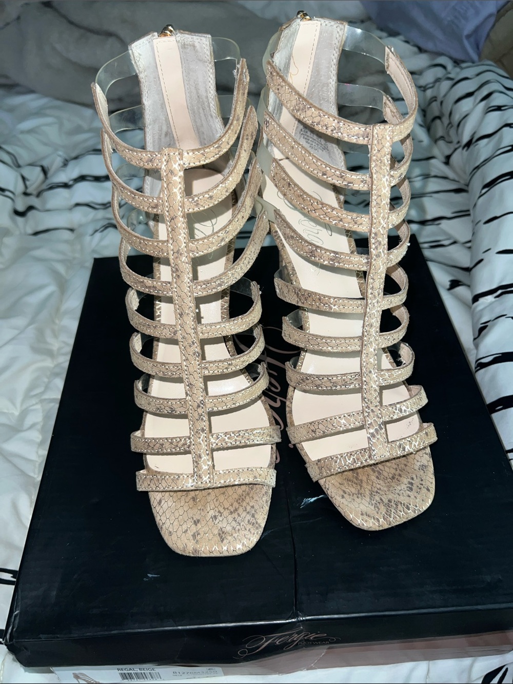 Fergie Regal beige heeled Sandals - Nude Snake Print